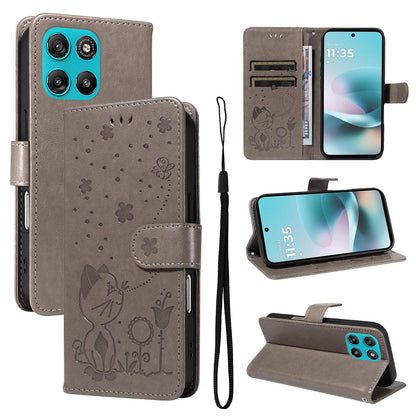 For Motorola Moto G67 Power 5G Cat and Bee Embossed Flip Leather Phone Case Wallet Cover with Card Slots Cash Pocket Magnetic Stand Protective Shockproof TPU PU Leather Case with Wrist Strap