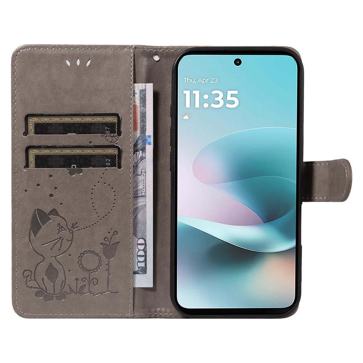 For Motorola Moto G67 Power 5G Cat and Bee Embossed Flip Leather Phone Case Wallet Cover with Card Slots Cash Pocket Magnetic Stand Protective Shockproof TPU PU Leather Case with Wrist Strap