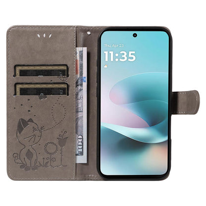 For Motorola Moto G67 Power 5G Cat and Bee Embossed Flip Leather Phone Case Wallet Cover with Card Slots Cash Pocket Magnetic Stand Protective Shockproof TPU PU Leather Case with Wrist Strap