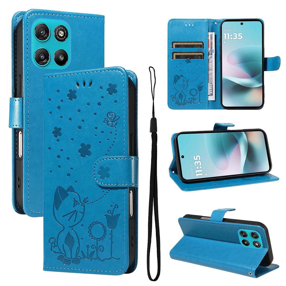 For Motorola Moto G67 Power 5G Cat and Bee Embossed Flip Leather Phone Case Wallet Cover with Card Slots Cash Pocket Magnetic Stand Protective Shockproof TPU PU Leather Case with Wrist Strap