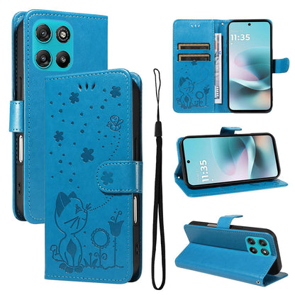 For Motorola Moto G67 Power 5G Cat and Bee Embossed Flip Leather Phone Case Wallet Cover with Card Slots Cash Pocket Magnetic Stand Protective Shockproof TPU PU Leather Case with Wrist Strap