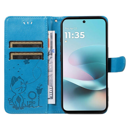 For Motorola Moto G67 Power 5G Cat and Bee Embossed Flip Leather Phone Case Wallet Cover with Card Slots Cash Pocket Magnetic Stand Protective Shockproof TPU PU Leather Case with Wrist Strap