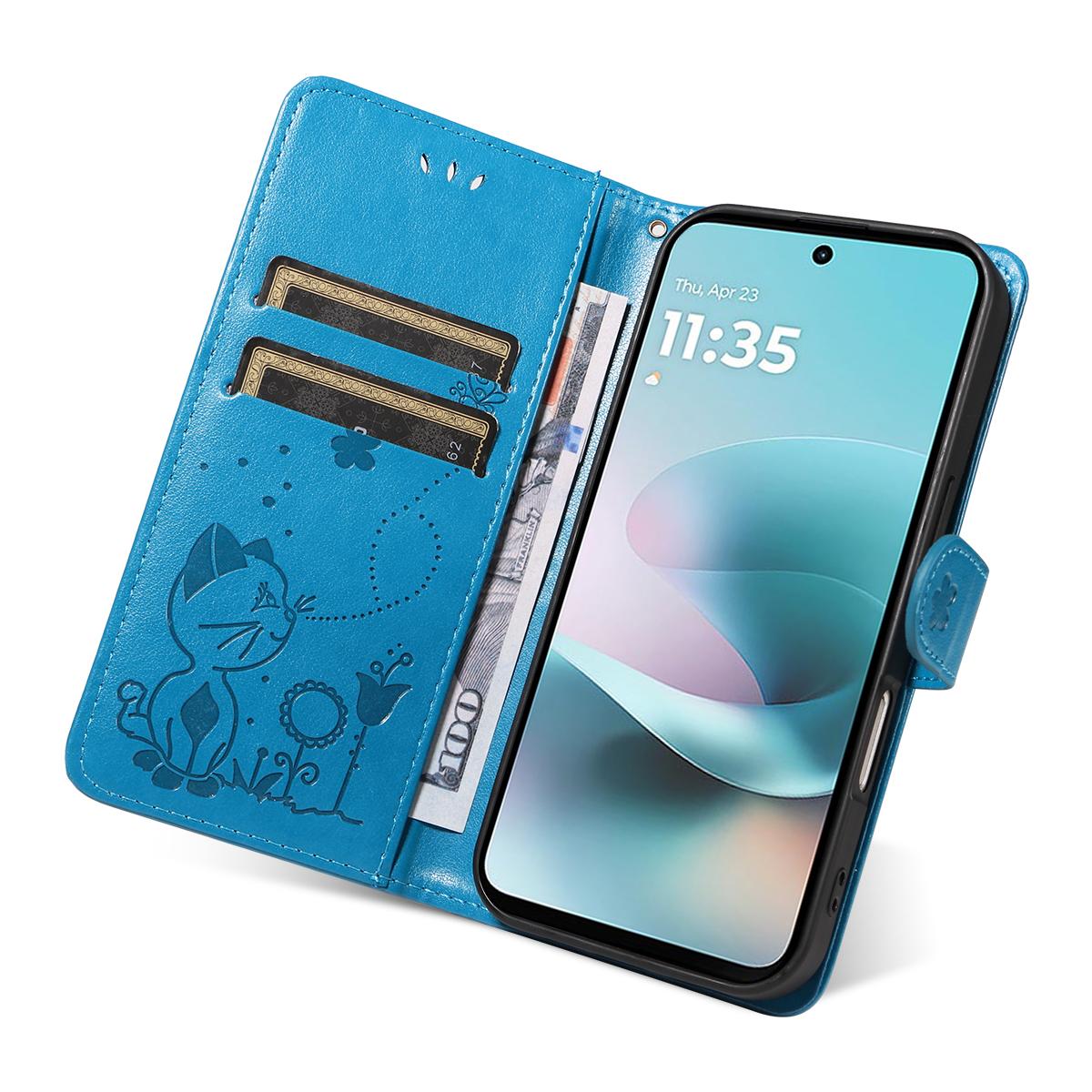 For Motorola Moto G67 Power 5G Cat and Bee Embossed Flip Leather Phone Case Wallet Cover with Card Slots Cash Pocket Magnetic Stand Protective Shockproof TPU PU Leather Case with Wrist Strap