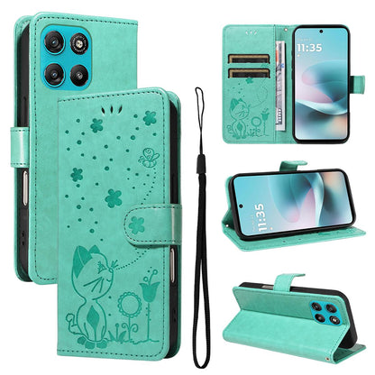 For Motorola Moto G67 Power 5G Cat and Bee Embossed Flip Leather Phone Case Wallet Cover with Card Slots Cash Pocket Magnetic Stand Protective Shockproof TPU PU Leather Case with Wrist Strap