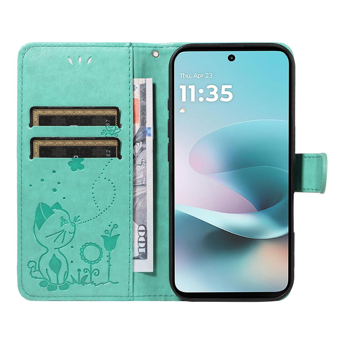 For Motorola Moto G67 Power 5G Cat and Bee Embossed Flip Leather Phone Case Wallet Cover with Card Slots Cash Pocket Magnetic Stand Protective Shockproof TPU PU Leather Case with Wrist Strap