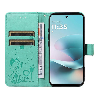 For Motorola Moto G67 Power 5G Cat and Bee Embossed Flip Leather Phone Case Wallet Cover with Card Slots Cash Pocket Magnetic Stand Protective Shockproof TPU PU Leather Case with Wrist Strap