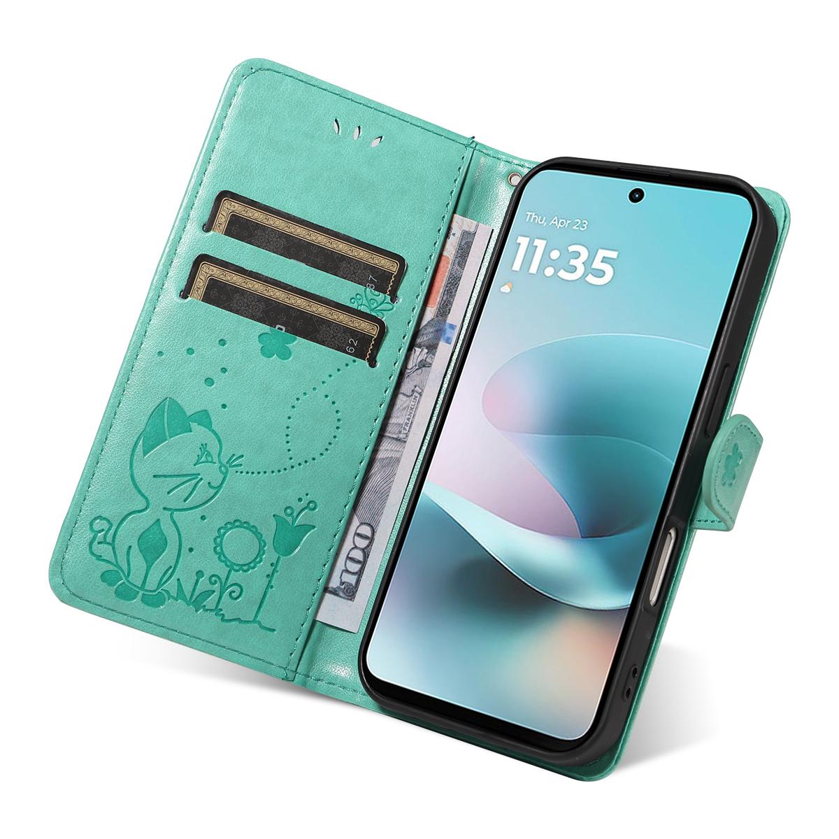 For Motorola Moto G67 Power 5G Cat and Bee Embossed Flip Leather Phone Case Wallet Cover with Card Slots Cash Pocket Magnetic Stand Protective Shockproof TPU PU Leather Case with Wrist Strap