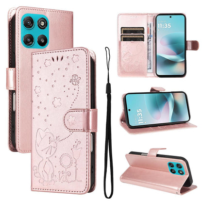 For Motorola Moto G67 Power 5G Cat and Bee Embossed Flip Leather Phone Case Wallet Cover with Card Slots Cash Pocket Magnetic Stand Protective Shockproof TPU PU Leather Case with Wrist Strap