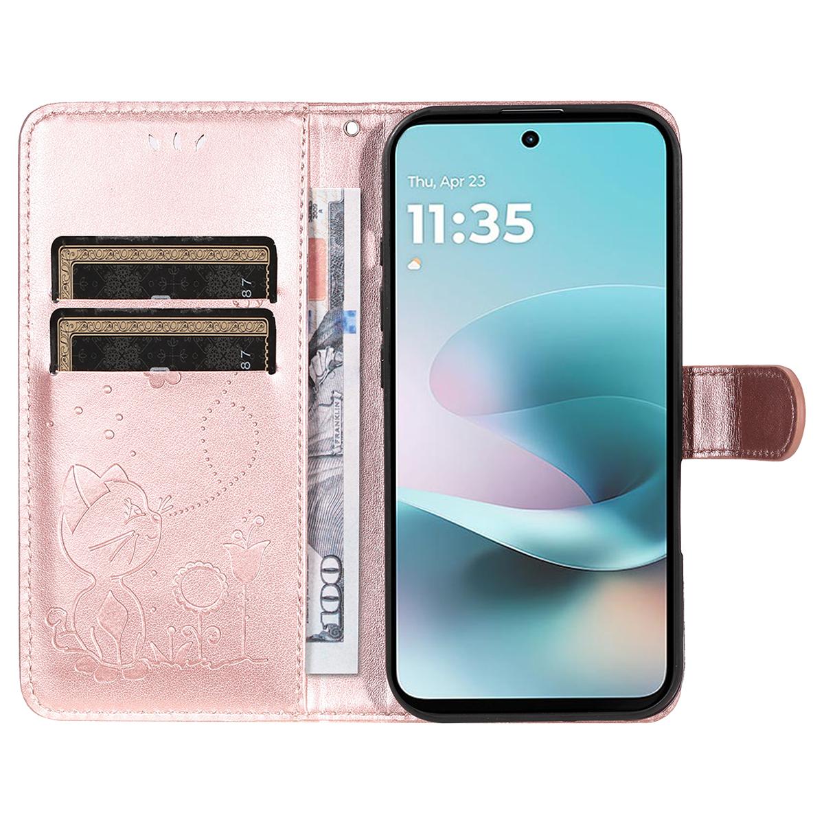 For Motorola Moto G67 Power 5G Cat and Bee Embossed Flip Leather Phone Case Wallet Cover with Card Slots Cash Pocket Magnetic Stand Protective Shockproof TPU PU Leather Case with Wrist Strap