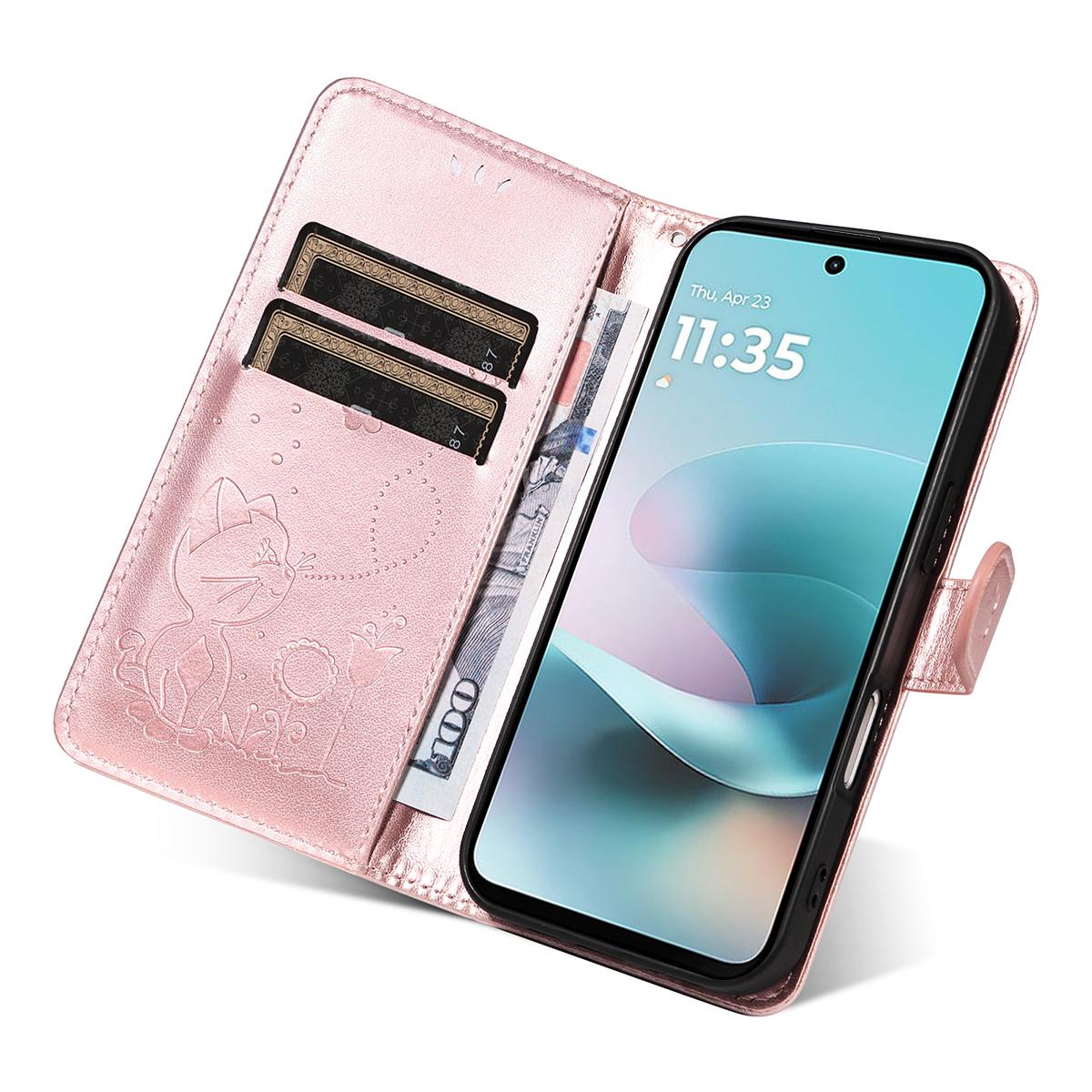 For Motorola Moto G67 Power 5G Cat and Bee Embossed Flip Leather Phone Case Wallet Cover with Card Slots Cash Pocket Magnetic Stand Protective Shockproof TPU PU Leather Case with Wrist Strap