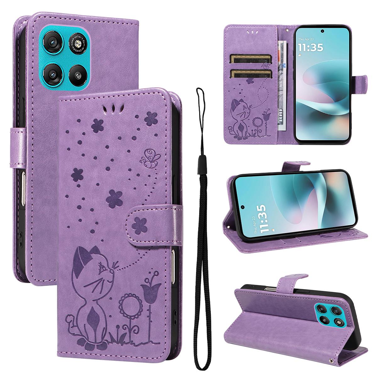 For Motorola Moto G67 Power 5G Cat and Bee Embossed Flip Leather Phone Case Wallet Cover with Card Slots Cash Pocket Magnetic Stand Protective Shockproof TPU PU Leather Case with Wrist Strap