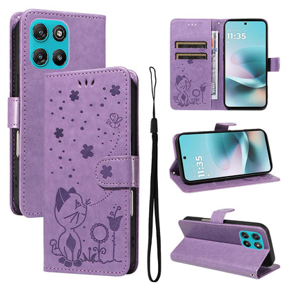 For Motorola Moto G67 Power 5G Cat and Bee Embossed Flip Leather Phone Case Wallet Cover with Card Slots Cash Pocket Magnetic Stand Protective Shockproof TPU PU Leather Case with Wrist Strap