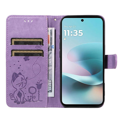 For Motorola Moto G67 Power 5G Cat and Bee Embossed Flip Leather Phone Case Wallet Cover with Card Slots Cash Pocket Magnetic Stand Protective Shockproof TPU PU Leather Case with Wrist Strap