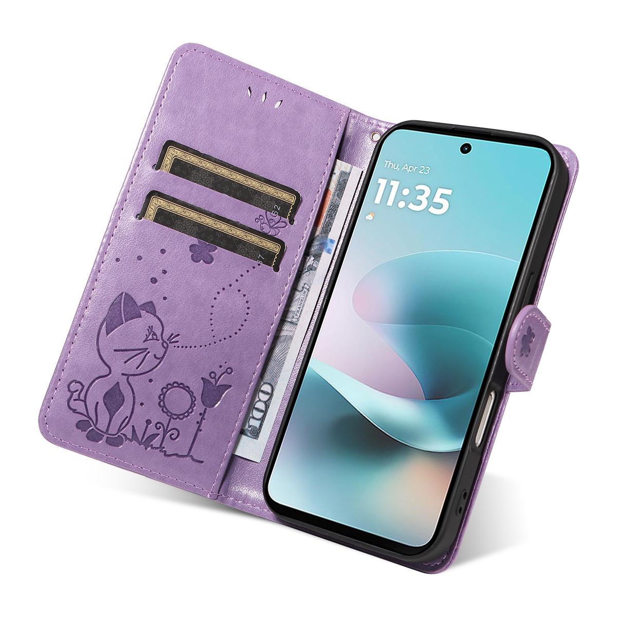 For Motorola Moto G67 Power 5G Cat and Bee Embossed Flip Leather Phone Case Wallet Cover with Card Slots Cash Pocket Magnetic Stand Protective Shockproof TPU PU Leather Case with Wrist Strap