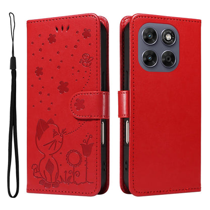 For Motorola Moto G67 Cat and Bee Embossed Flip Leather Phone Case Wallet Cover with Card Slots Cash Pocket Magnetic Stand Protective Shockproof TPU PU Leather Case with Wrist Strap