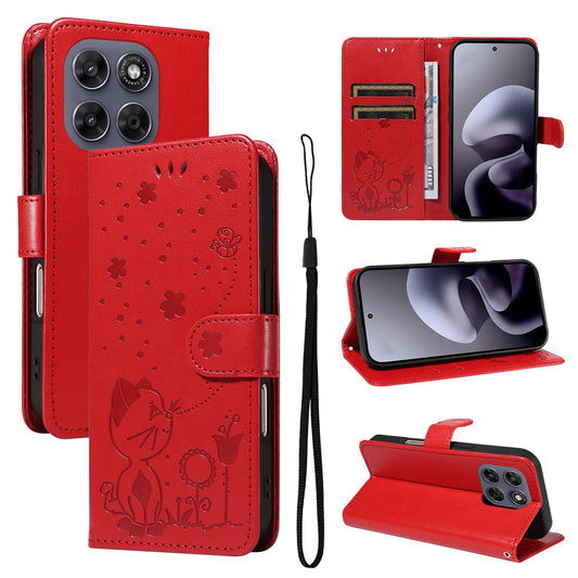 For Motorola Moto G77 5G Cat and Bee Embossed Flip Leather Phone Case Wallet Cover with Card Slots Cash Pocket Magnetic Stand Protective Shockproof TPU PU Leather Case with Wrist Strap