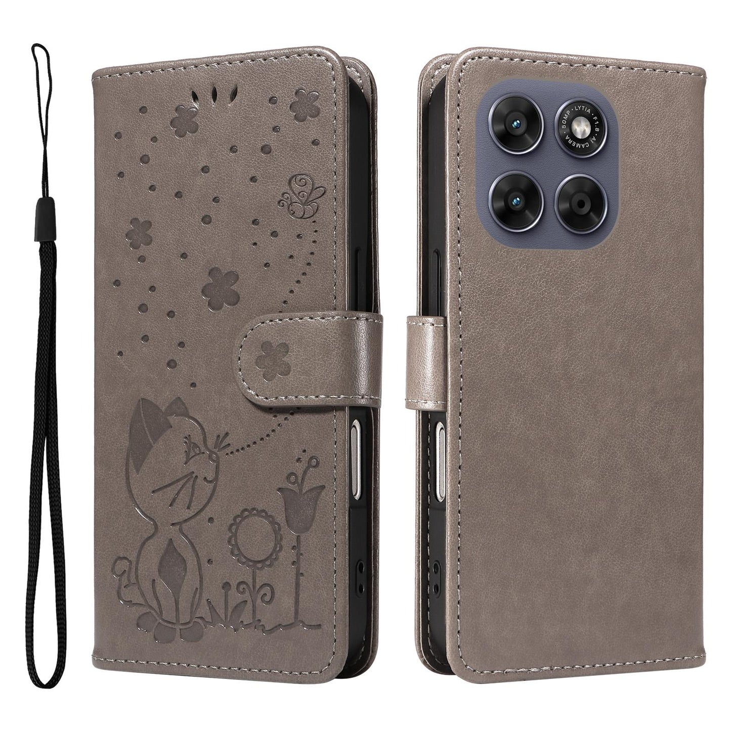 For Motorola Moto G77 5G Cat and Bee Embossed Flip Leather Phone Case Wallet Cover with Card Slots Cash Pocket Magnetic Stand Protective Shockproof TPU PU Leather Case with Wrist Strap