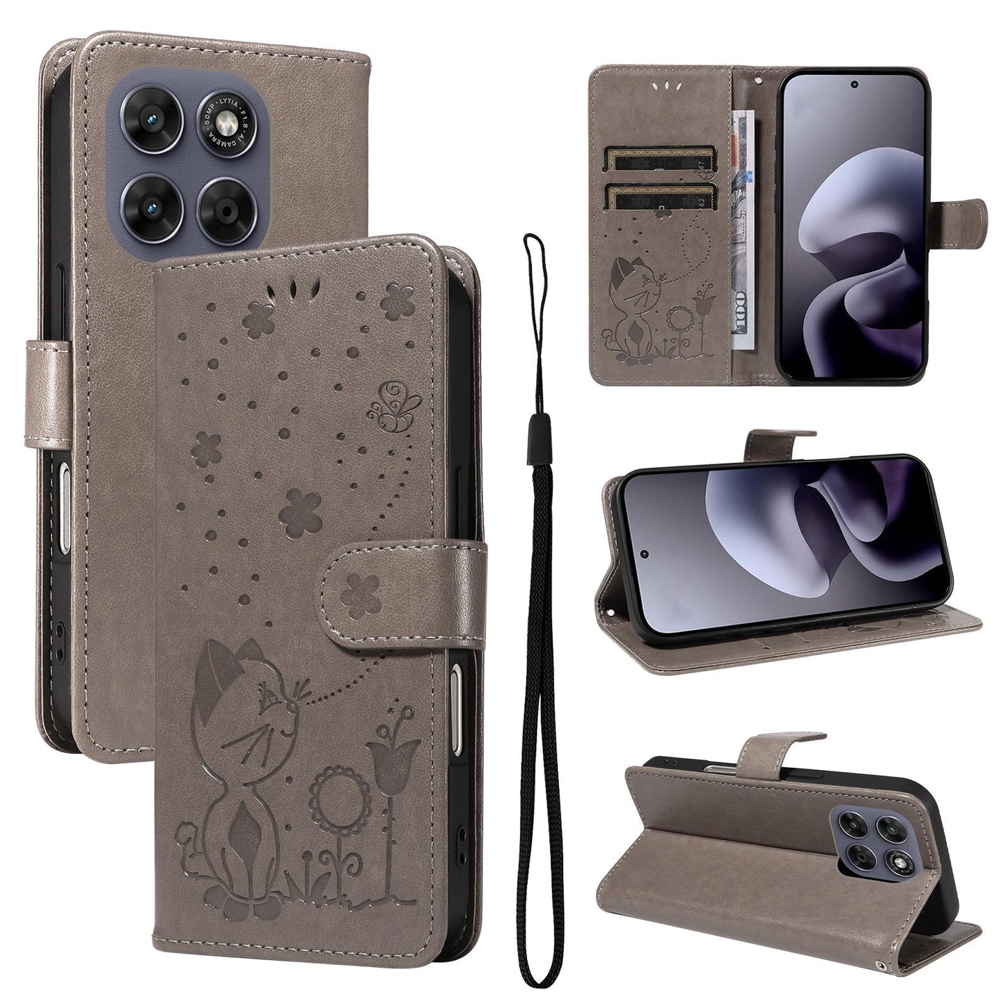 For Motorola Moto G77 5G Cat and Bee Embossed Flip Leather Phone Case Wallet Cover with Card Slots Cash Pocket Magnetic Stand Protective Shockproof TPU PU Leather Case with Wrist Strap