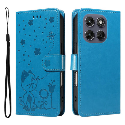 For Motorola Moto G77 5G Cat and Bee Embossed Flip Leather Phone Case Wallet Cover with Card Slots Cash Pocket Magnetic Stand Protective Shockproof TPU PU Leather Case with Wrist Strap