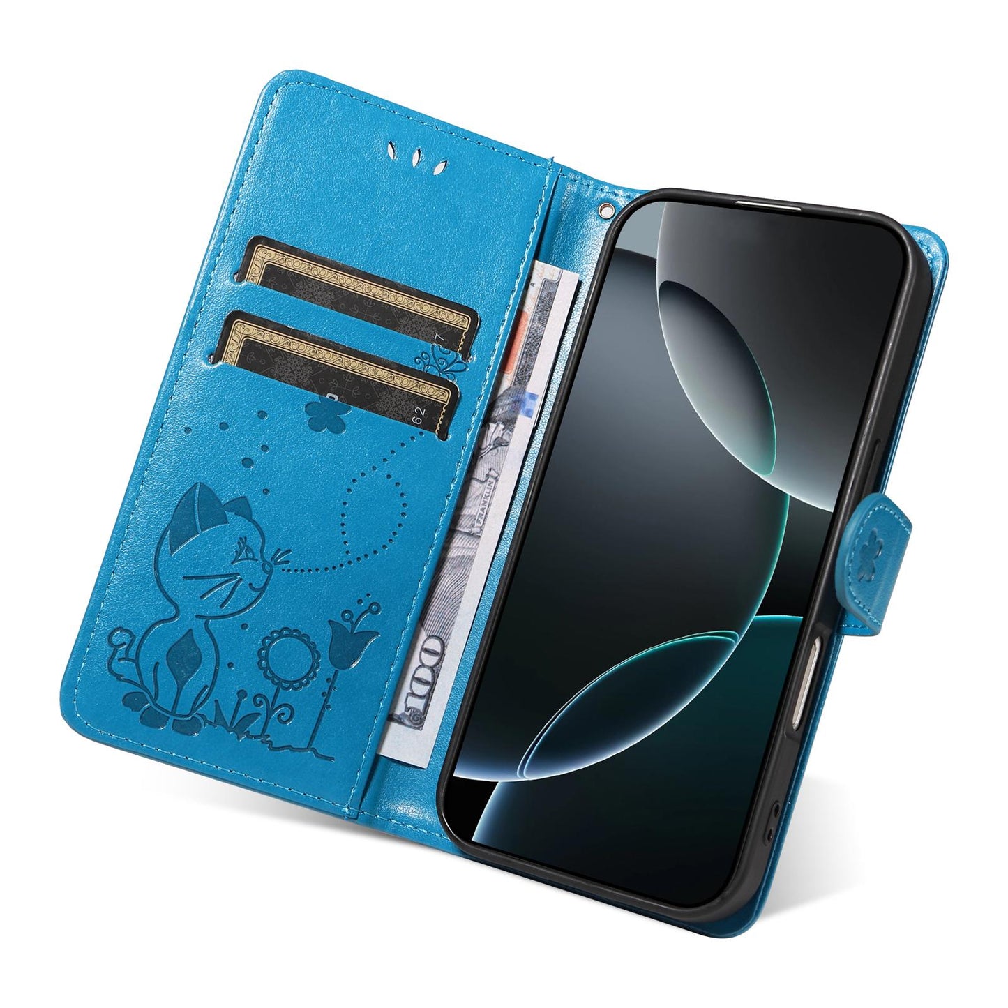 For Motorola Moto G77 5G Cat and Bee Embossed Flip Leather Phone Case Wallet Cover with Card Slots Cash Pocket Magnetic Stand Protective Shockproof TPU PU Leather Case with Wrist Strap