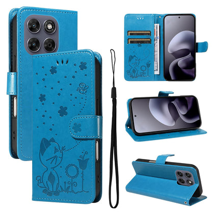 For Motorola Moto G77 5G Cat and Bee Embossed Flip Leather Phone Case Wallet Cover with Card Slots Cash Pocket Magnetic Stand Protective Shockproof TPU PU Leather Case with Wrist Strap