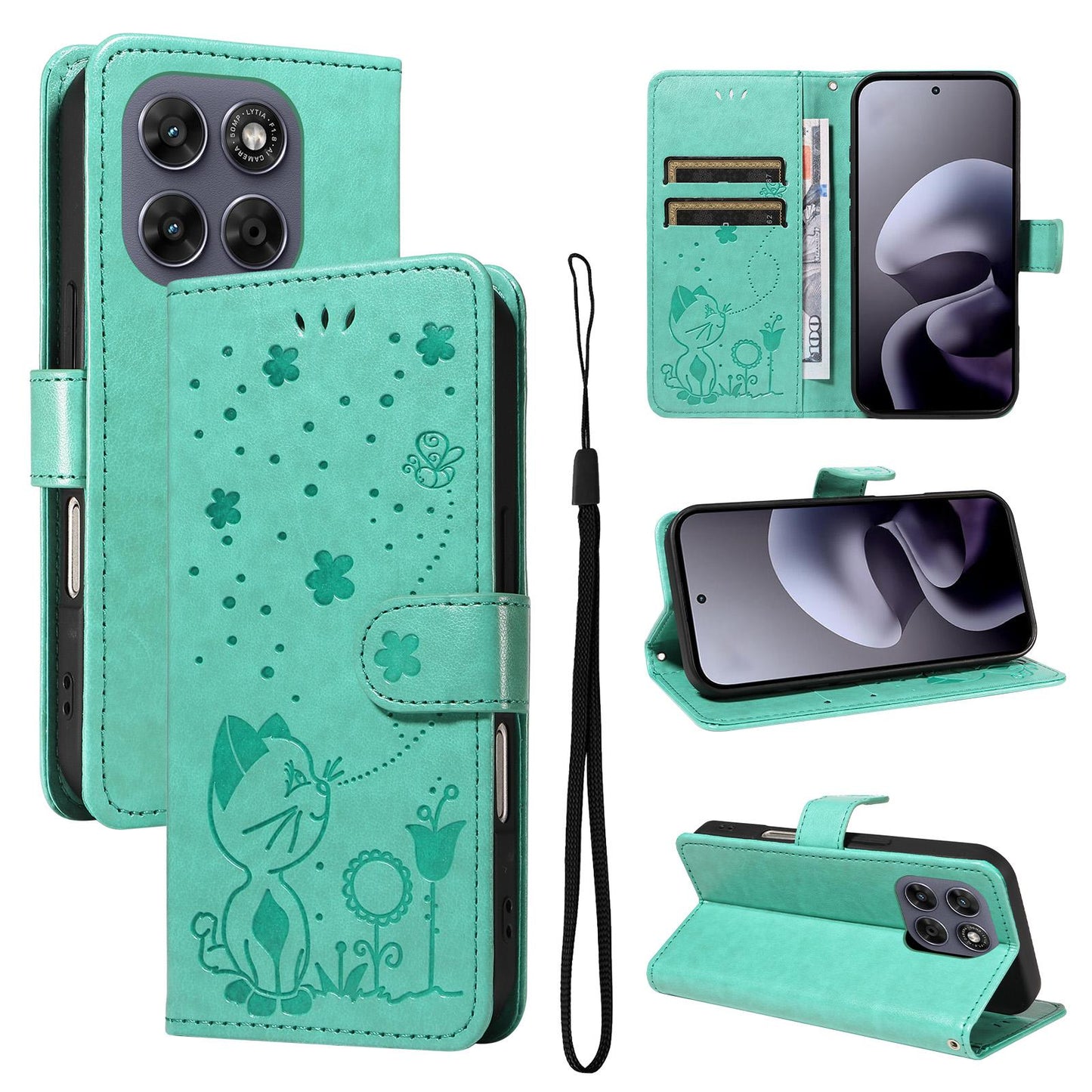 For Motorola Moto G67 Cat and Bee Embossed Flip Leather Phone Case Wallet Cover with Card Slots Cash Pocket Magnetic Stand Protective Shockproof TPU PU Leather Case with Wrist Strap