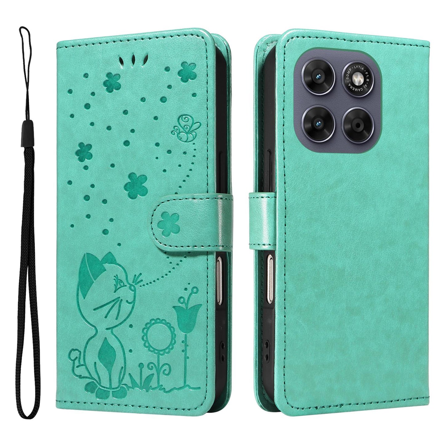 For Motorola Moto G77 5G Cat and Bee Embossed Flip Leather Phone Case Wallet Cover with Card Slots Cash Pocket Magnetic Stand Protective Shockproof TPU PU Leather Case with Wrist Strap