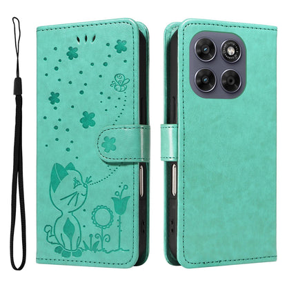 For Motorola Moto G77 5G Cat and Bee Embossed Flip Leather Phone Case Wallet Cover with Card Slots Cash Pocket Magnetic Stand Protective Shockproof TPU PU Leather Case with Wrist Strap