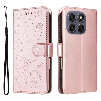 For Motorola Moto G67 Cat and Bee Embossed Flip Leather Phone Case Wallet Cover with Card Slots Cash Pocket Magnetic Stand Protective Shockproof TPU PU Leather Case with Wrist Strap