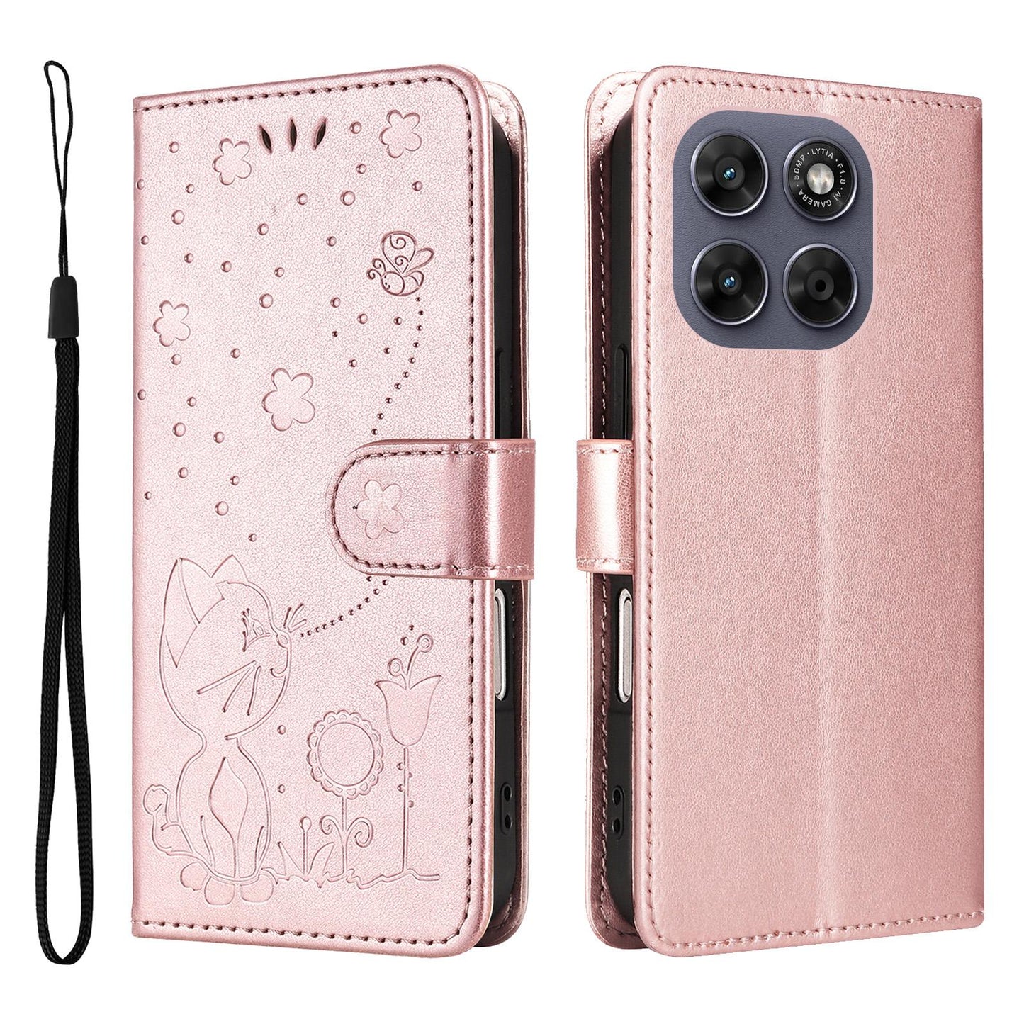 For Motorola Moto G77 5G Cat and Bee Embossed Flip Leather Phone Case Wallet Cover with Card Slots Cash Pocket Magnetic Stand Protective Shockproof TPU PU Leather Case with Wrist Strap