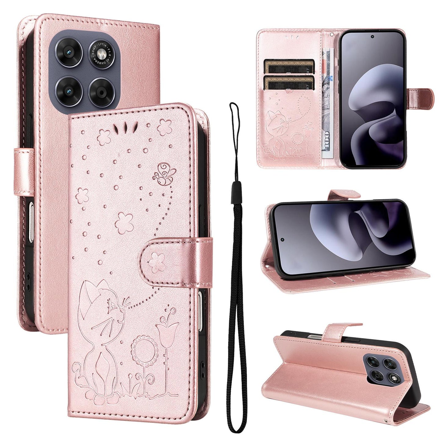 For Motorola Moto G77 5G Cat and Bee Embossed Flip Leather Phone Case Wallet Cover with Card Slots Cash Pocket Magnetic Stand Protective Shockproof TPU PU Leather Case with Wrist Strap