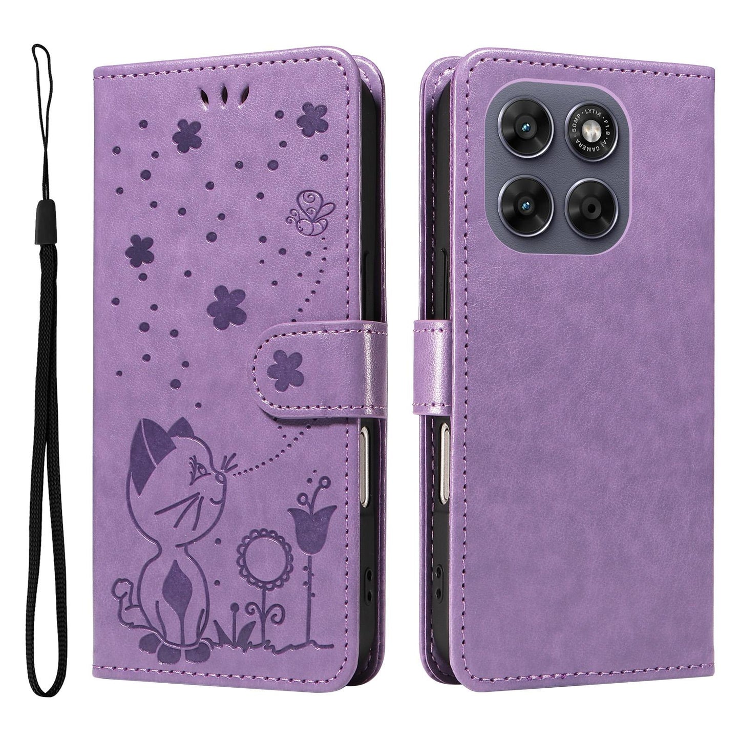 For Motorola Moto G67 Cat and Bee Embossed Flip Leather Phone Case Wallet Cover with Card Slots Cash Pocket Magnetic Stand Protective Shockproof TPU PU Leather Case with Wrist Strap