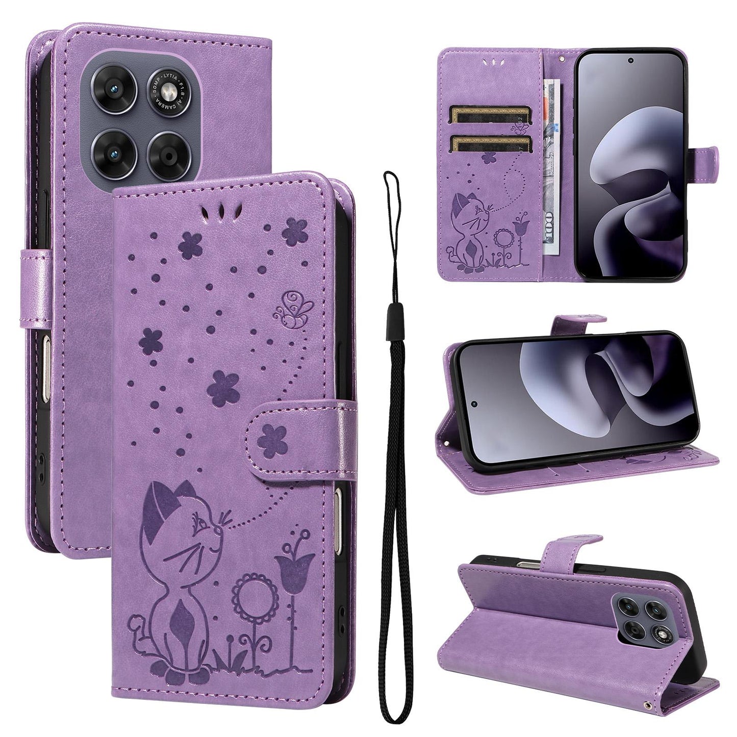 For Motorola Moto G77 5G Cat and Bee Embossed Flip Leather Phone Case Wallet Cover with Card Slots Cash Pocket Magnetic Stand Protective Shockproof TPU PU Leather Case with Wrist Strap