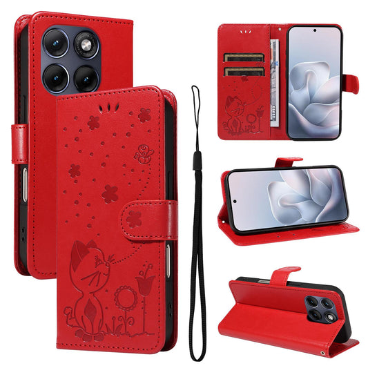 For Motorola Edge 70 Fusion 5G Cat and Bee Embossed Flip Leather Phone Case Wallet Cover with Card Slots Cash Pocket Magnetic Stand Protective Shockproof TPU PU Leather Case with Wrist Strap