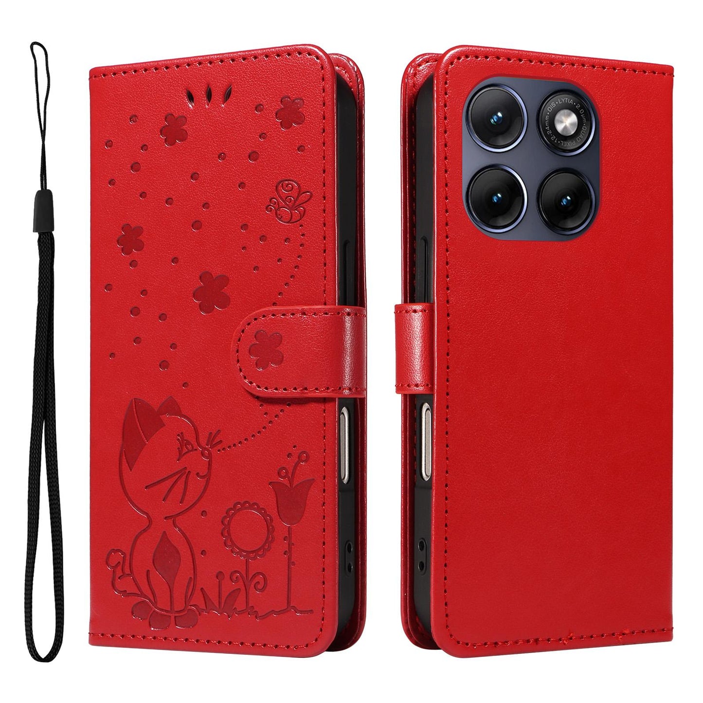 For Motorola Edge 70 Fusion 5G Cat and Bee Embossed Flip Leather Phone Case Wallet Cover with Card Slots Cash Pocket Magnetic Stand Protective Shockproof TPU PU Leather Case with Wrist Strap