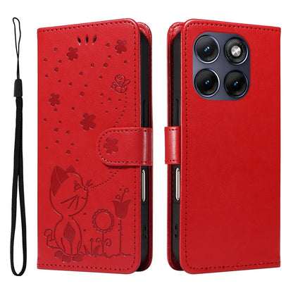 For Motorola Edge 70 Fusion 5G Cat and Bee Embossed Flip Leather Phone Case Wallet Cover with Card Slots Cash Pocket Magnetic Stand Protective Shockproof TPU PU Leather Case with Wrist Strap