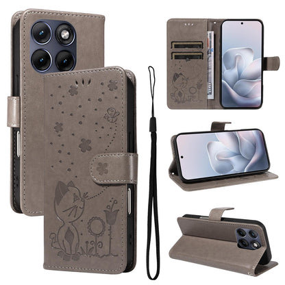 For Motorola Edge 70 Fusion 5G Cat and Bee Embossed Flip Leather Phone Case Wallet Cover with Card Slots Cash Pocket Magnetic Stand Protective Shockproof TPU PU Leather Case with Wrist Strap