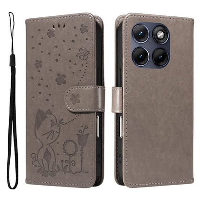 For Motorola Edge 70 Fusion 5G Cat and Bee Embossed Flip Leather Phone Case Wallet Cover with Card Slots Cash Pocket Magnetic Stand Protective Shockproof TPU PU Leather Case with Wrist Strap