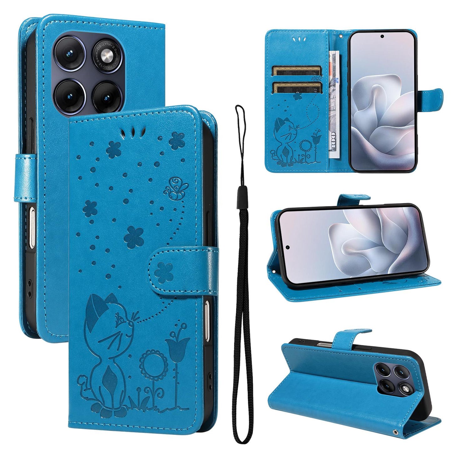 For Motorola Edge 70 Fusion 5G Cat and Bee Embossed Flip Leather Phone Case Wallet Cover with Card Slots Cash Pocket Magnetic Stand Protective Shockproof TPU PU Leather Case with Wrist Strap
