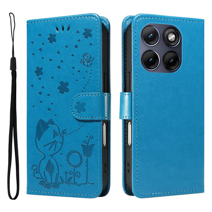 For Motorola Edge 70 Fusion 5G Cat and Bee Embossed Flip Leather Phone Case Wallet Cover with Card Slots Cash Pocket Magnetic Stand Protective Shockproof TPU PU Leather Case with Wrist Strap