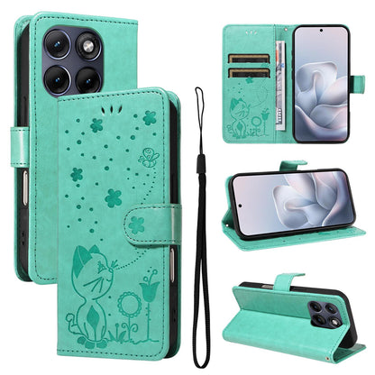For Motorola Edge 70 Fusion 5G Cat and Bee Embossed Flip Leather Phone Case Wallet Cover with Card Slots Cash Pocket Magnetic Stand Protective Shockproof TPU PU Leather Case with Wrist Strap