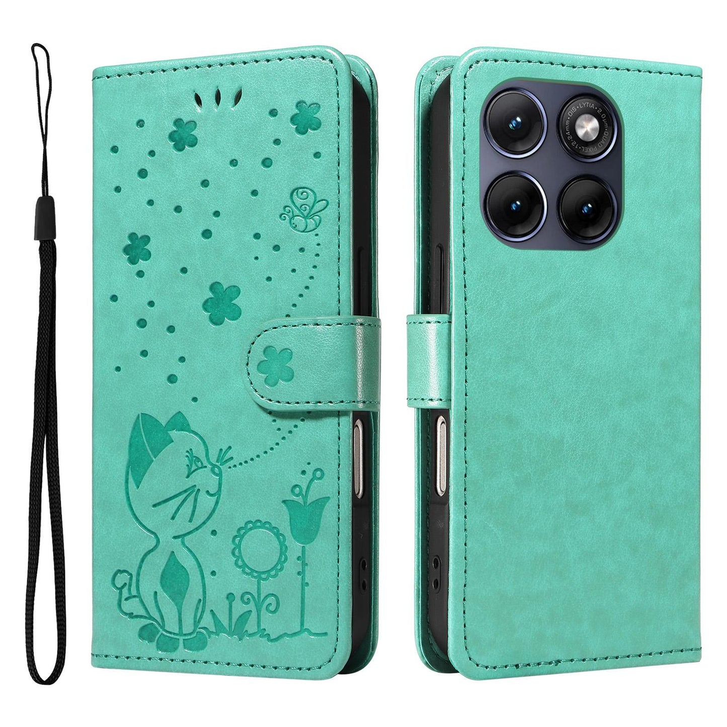 For Motorola Edge 70 Fusion 5G Cat and Bee Embossed Flip Leather Phone Case Wallet Cover with Card Slots Cash Pocket Magnetic Stand Protective Shockproof TPU PU Leather Case with Wrist Strap