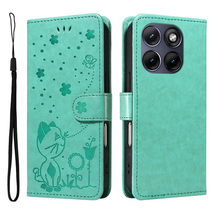 For Motorola Edge 70 Fusion 5G Cat and Bee Embossed Flip Leather Phone Case Wallet Cover with Card Slots Cash Pocket Magnetic Stand Protective Shockproof TPU PU Leather Case with Wrist Strap