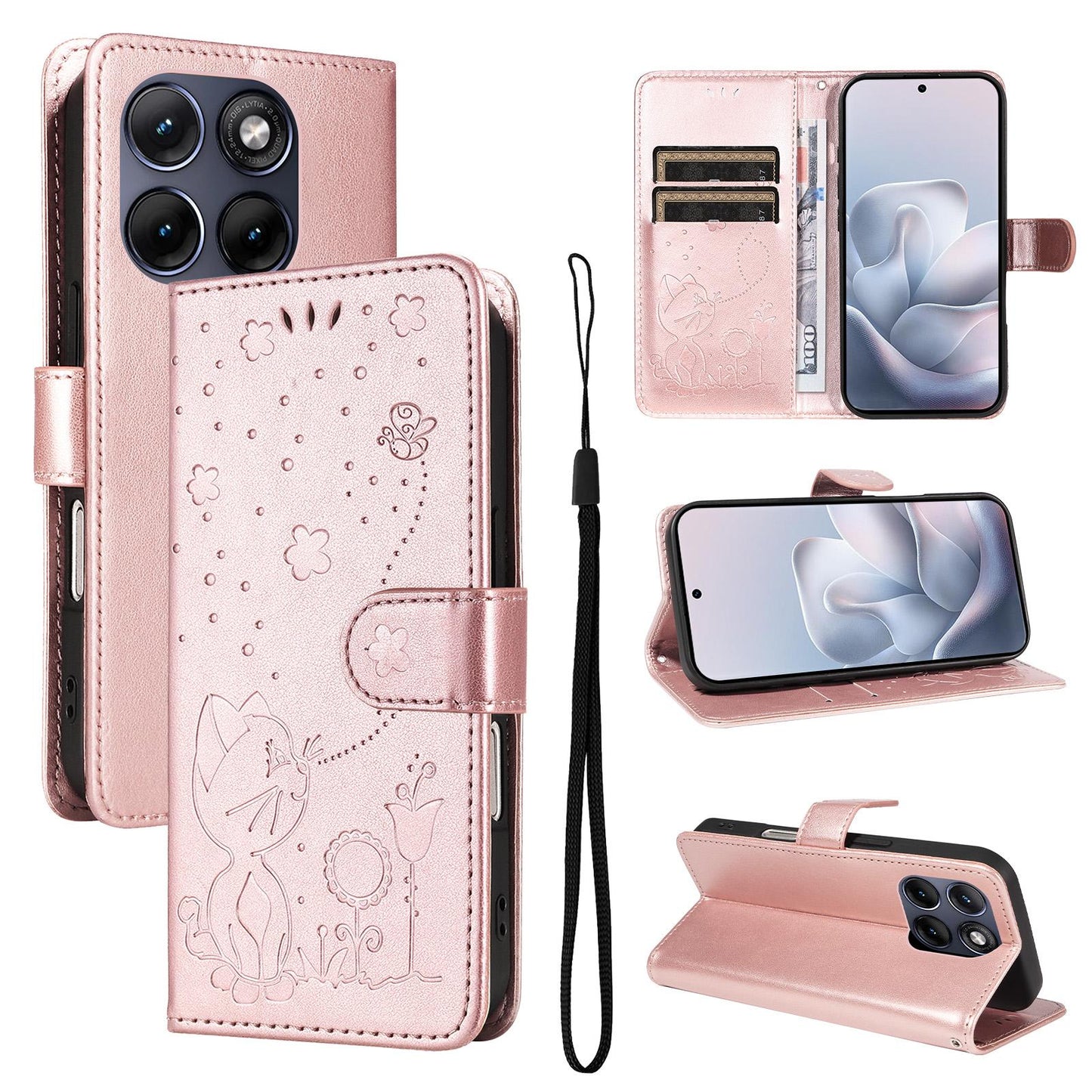 For Motorola Edge 70 Fusion 5G Cat and Bee Embossed Flip Leather Phone Case Wallet Cover with Card Slots Cash Pocket Magnetic Stand Protective Shockproof TPU PU Leather Case with Wrist Strap