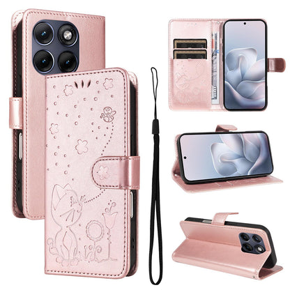 For Motorola Edge 70 Fusion 5G Cat and Bee Embossed Flip Leather Phone Case Wallet Cover with Card Slots Cash Pocket Magnetic Stand Protective Shockproof TPU PU Leather Case with Wrist Strap