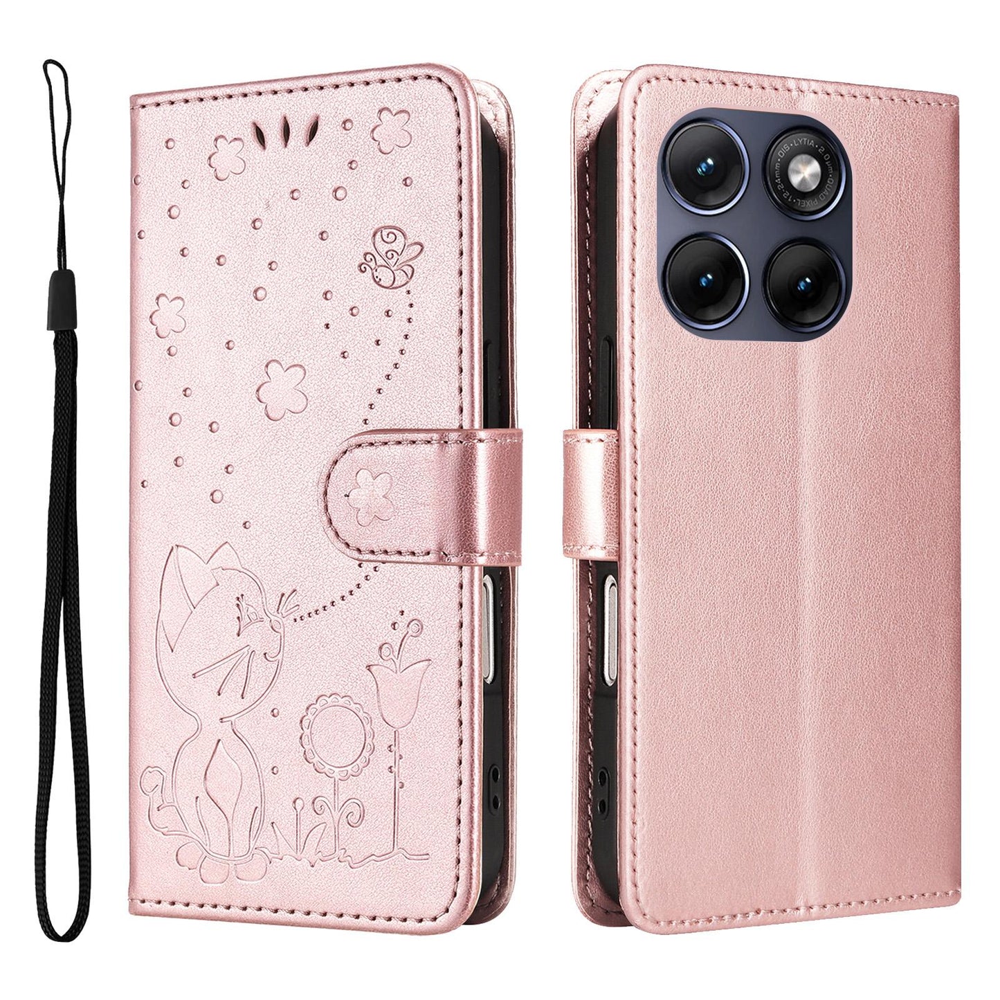 For Motorola Edge 70 Fusion 5G Cat and Bee Embossed Flip Leather Phone Case Wallet Cover with Card Slots Cash Pocket Magnetic Stand Protective Shockproof TPU PU Leather Case with Wrist Strap