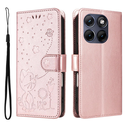 For Motorola Edge 70 Fusion 5G Cat and Bee Embossed Flip Leather Phone Case Wallet Cover with Card Slots Cash Pocket Magnetic Stand Protective Shockproof TPU PU Leather Case with Wrist Strap