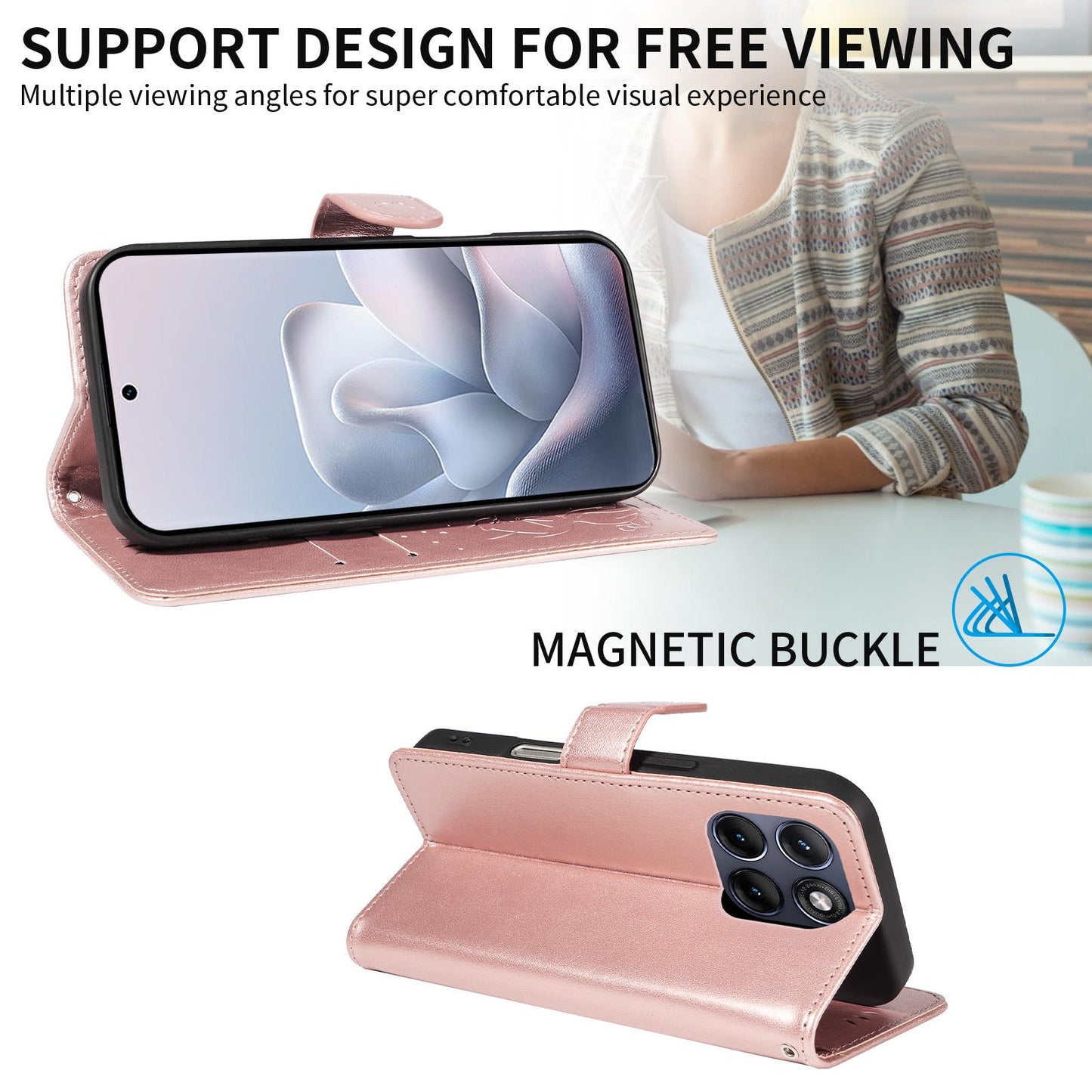 For Motorola Edge 70 Fusion 5G Cat and Bee Embossed Flip Leather Phone Case Wallet Cover with Card Slots Cash Pocket Magnetic Stand Protective Shockproof TPU PU Leather Case with Wrist Strap