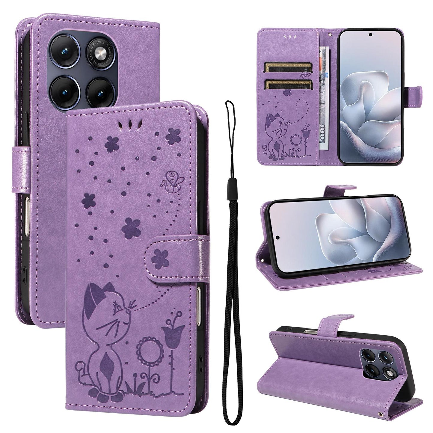 For Motorola Edge 70 Fusion 5G Cat and Bee Embossed Flip Leather Phone Case Wallet Cover with Card Slots Cash Pocket Magnetic Stand Protective Shockproof TPU PU Leather Case with Wrist Strap