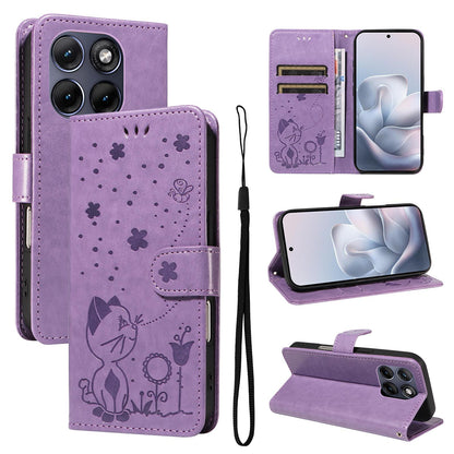 For Motorola Edge 70 Fusion 5G Cat and Bee Embossed Flip Leather Phone Case Wallet Cover with Card Slots Cash Pocket Magnetic Stand Protective Shockproof TPU PU Leather Case with Wrist Strap